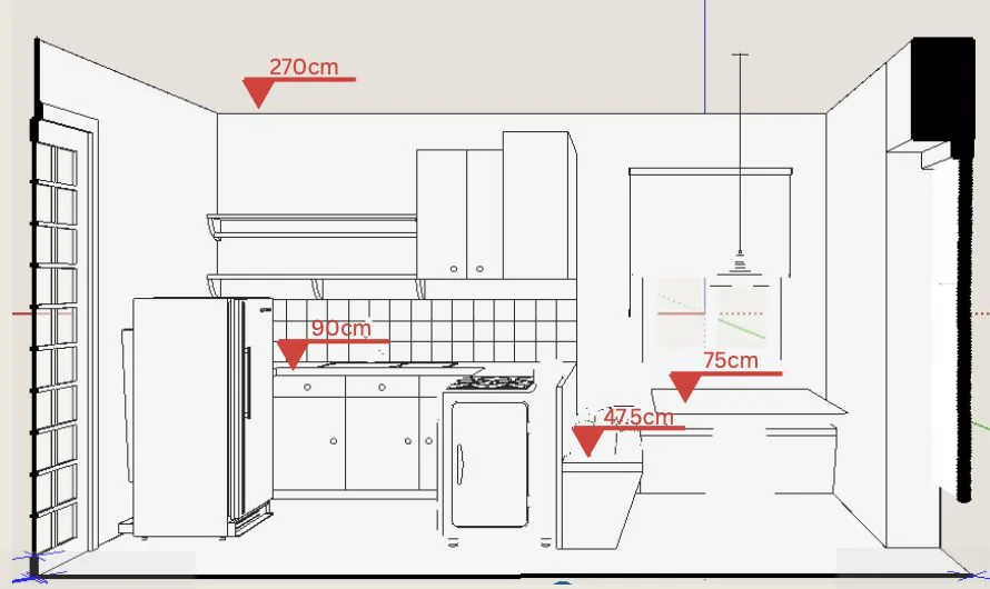 Corte lateral do cenário com medidas: pé-direito de 270cm, bancada de 90cm, mesa de 75cm